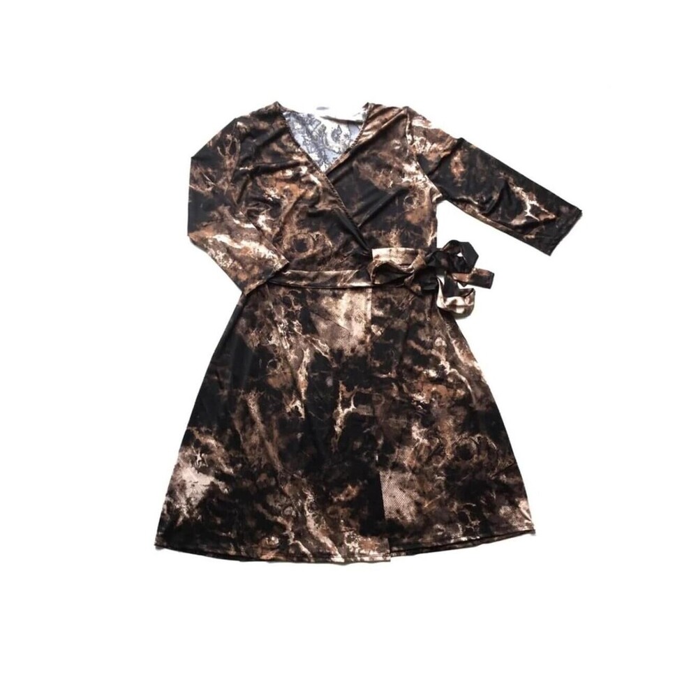 NEW LuLaRoe L Michelle Wrap Dress Brown Tan Black Tie Dye Splatter 3/4 Sleeve